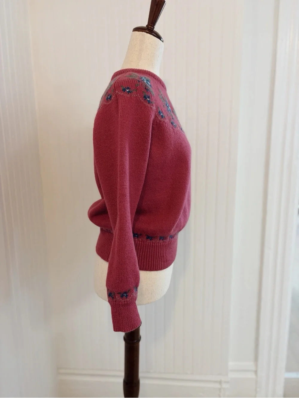 Charter Club Pink Crewneck Sweater with Blue & Green Floral Yoke